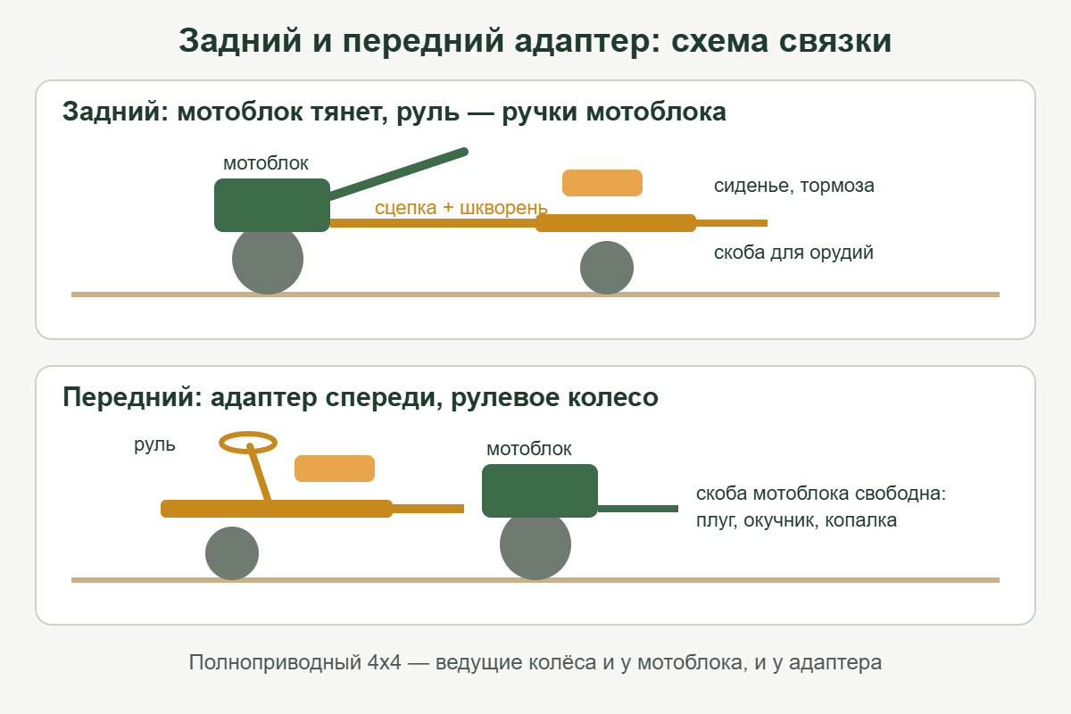 Схема заднего и переднего адаптера для мотоблока: где сиденье, руль и сцепка