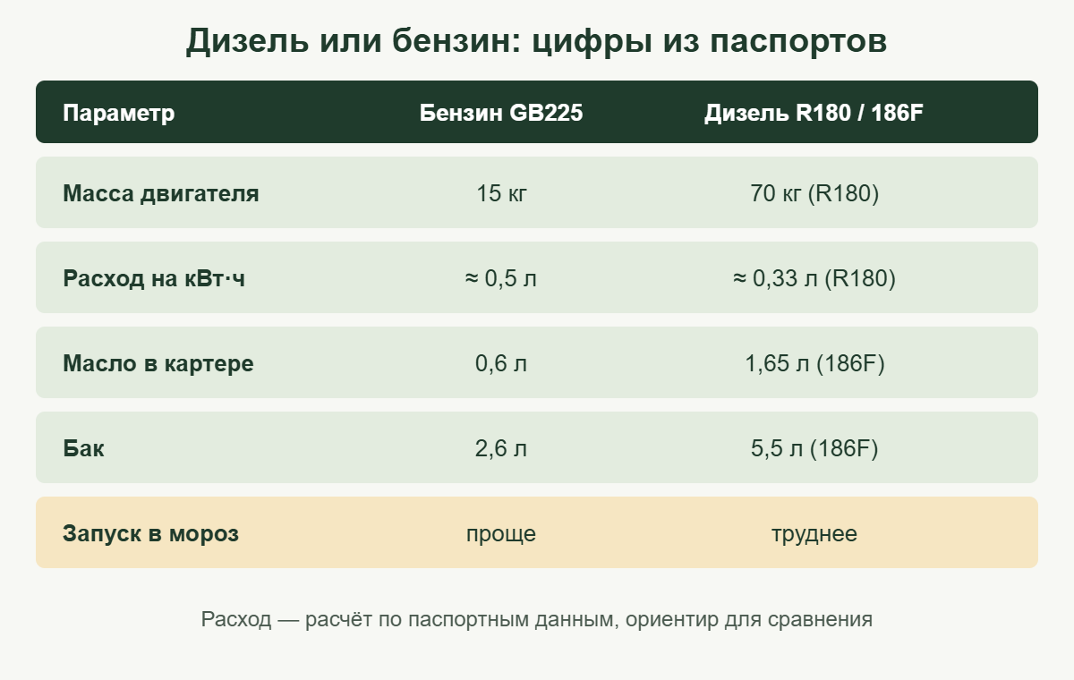 Сравнение дизельного и бензинового двигателя мотоблока по паспортным данным
