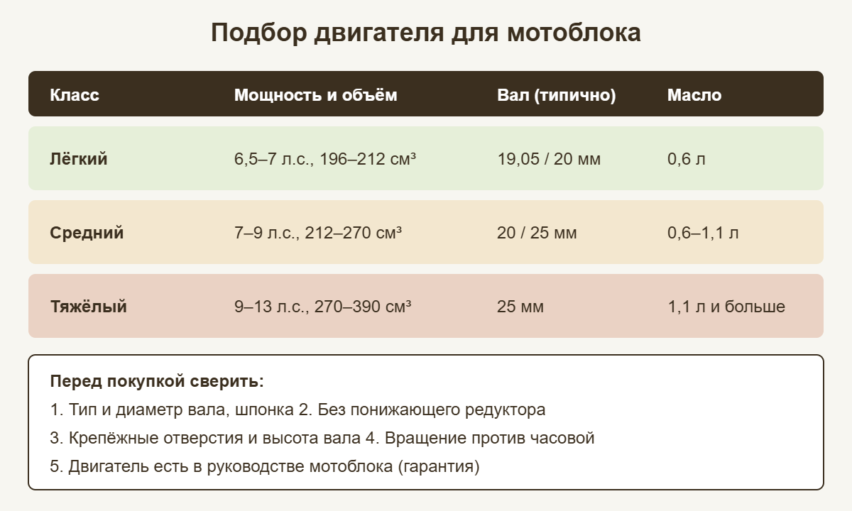 Шпаргалка: мощность, объём, диаметр вала и масло двигателя для мотоблока по классам