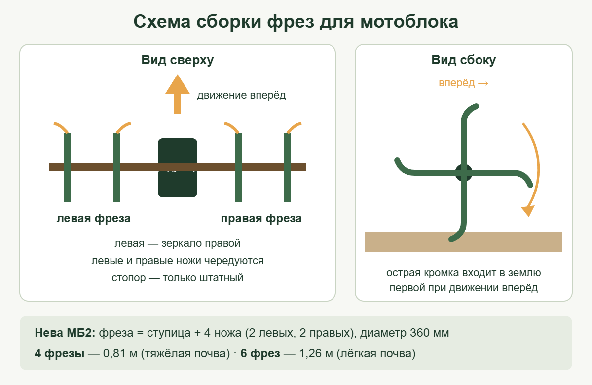 Схема сборки фрез для мотоблока: левая и правая фрезы, направление острых кромок ножей