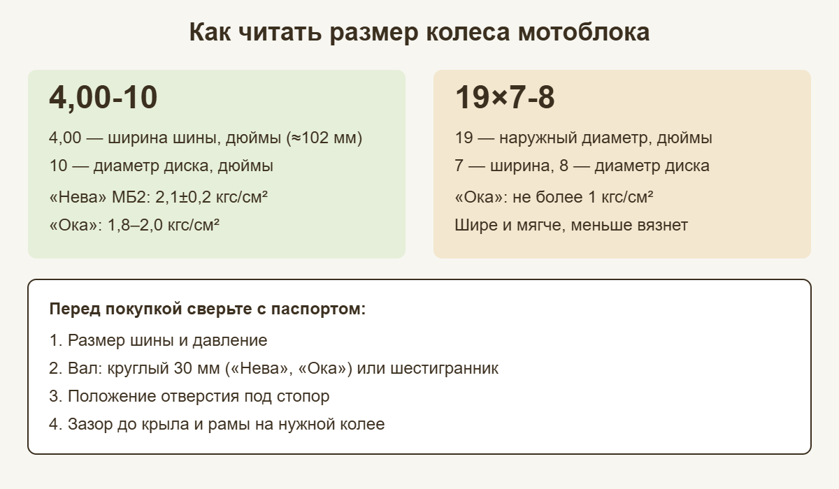 Как читать размер колеса мотоблока: 4,00-10 и 19×7-8, давление в шинах
