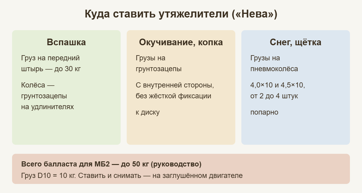Схема установки утяжелителей на мотоблок Нева для вспашки, окучивания и уборки снега