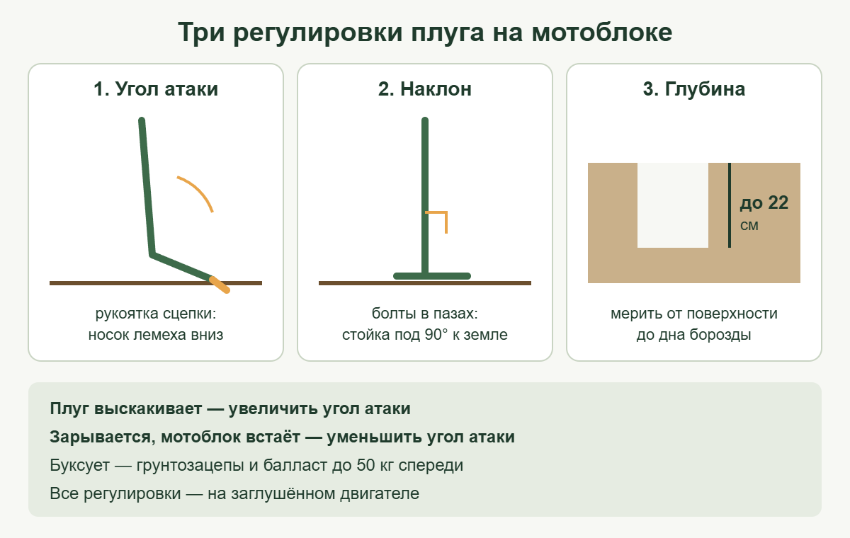 Схема регулировки плуга на мотоблоке: угол атаки, наклон и глубина вспашки