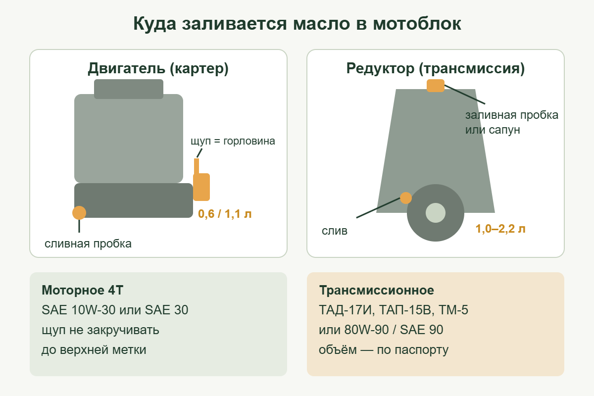 Схема: куда заливается масло в мотоблок — картер двигателя и редуктор