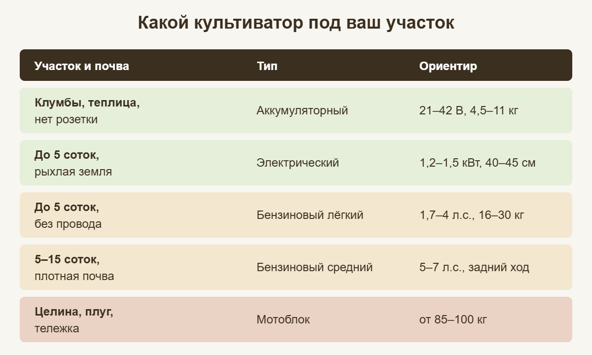 Схема выбора культиватора по площади участка и типу почвы