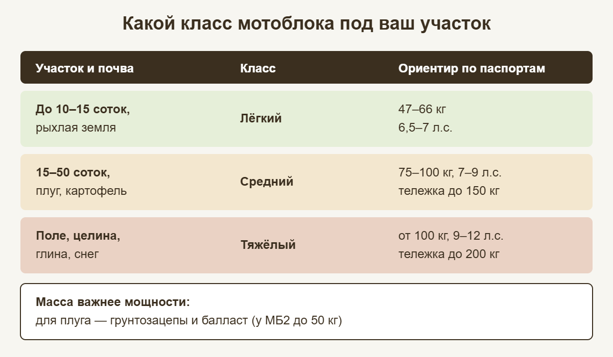 Схема выбора класса мотоблока по площади участка и типу почвы