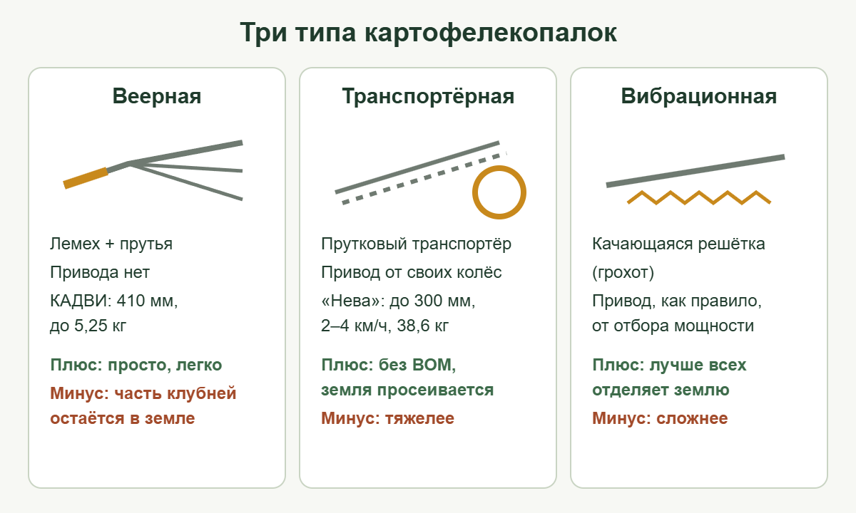 Сравнение веерной, транспортёрной и вибрационной картофелекопалок для мотоблока