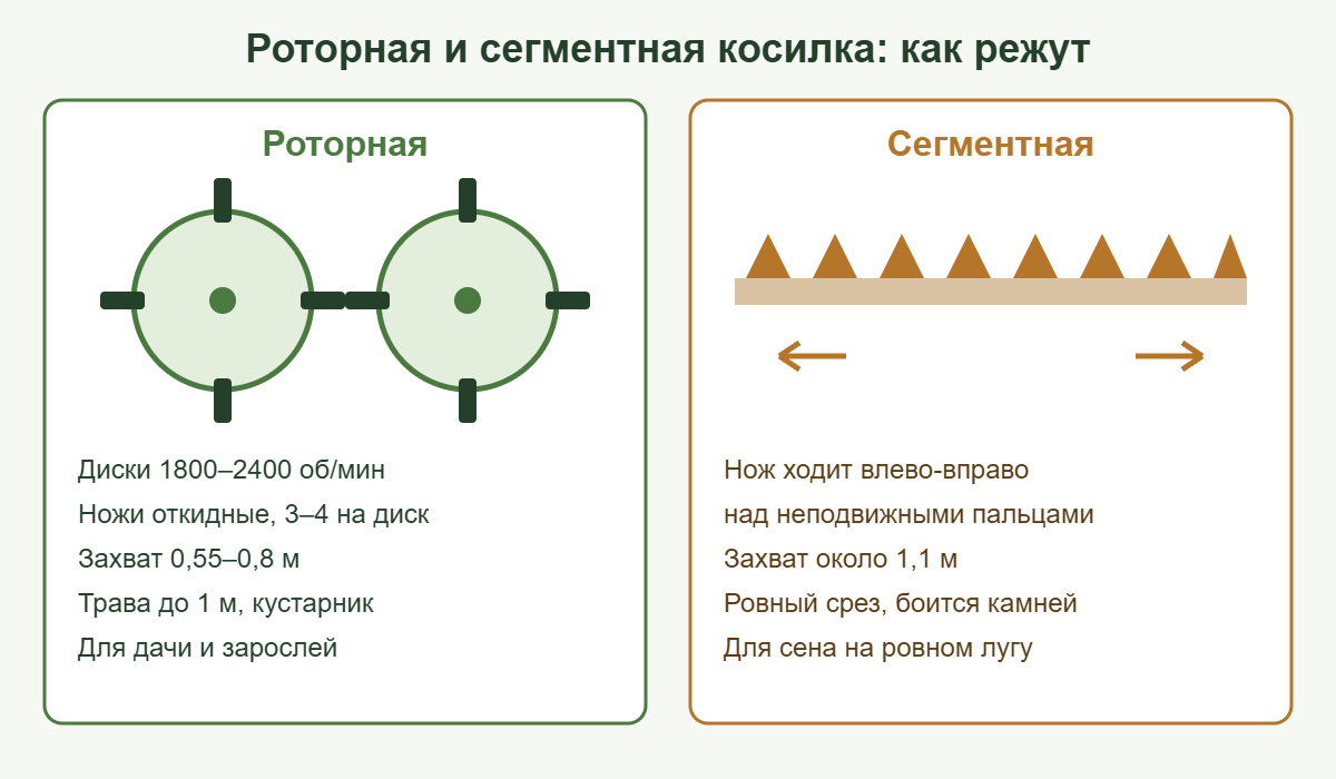 Схема: роторная косилка с дисками и ножами и сегментная косилка с ножом-гребёнкой