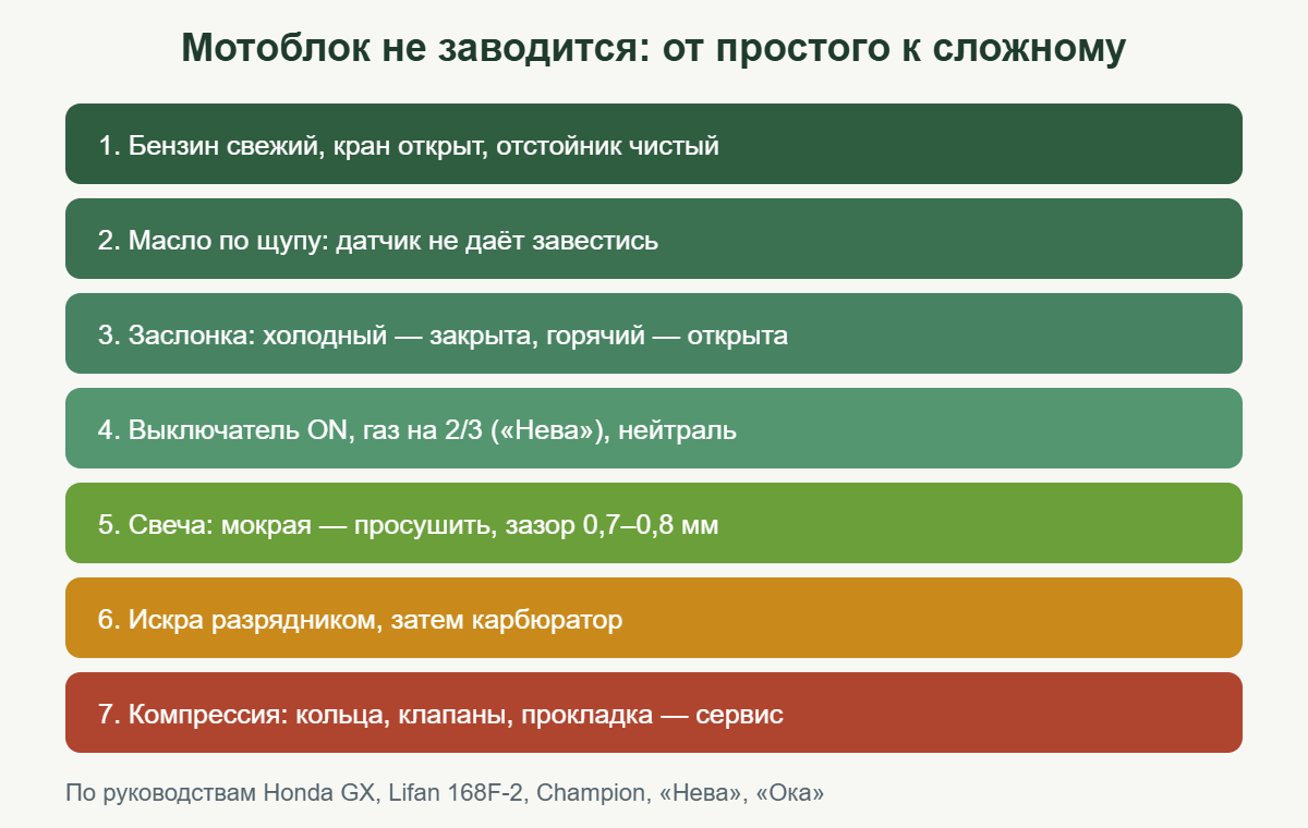 Порядок проверки, если не заводится мотоблок: топливо, масло, заслонка, выключатель, свеча, искра, компрессия