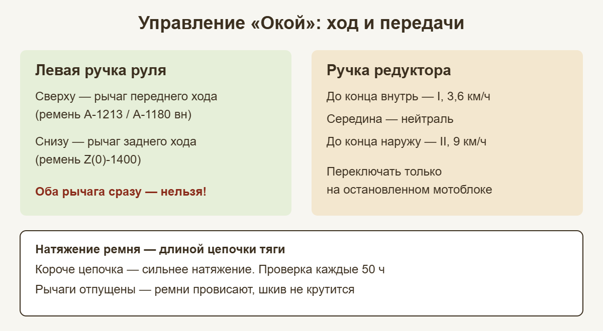 Схема управления мотоблоком Ока: рычаги переднего и заднего хода, положения ручки передач