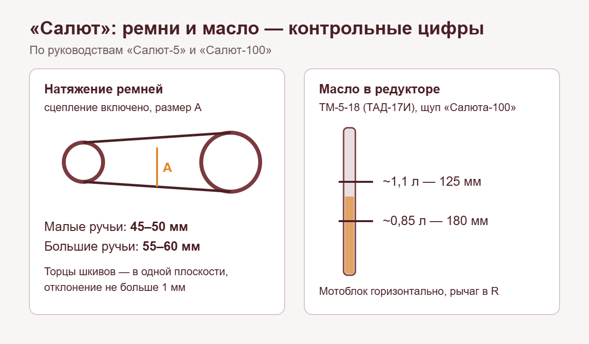 Схема: размер А для натяжения ремней и риски щупа масла в редукторе мотоблока Салют
