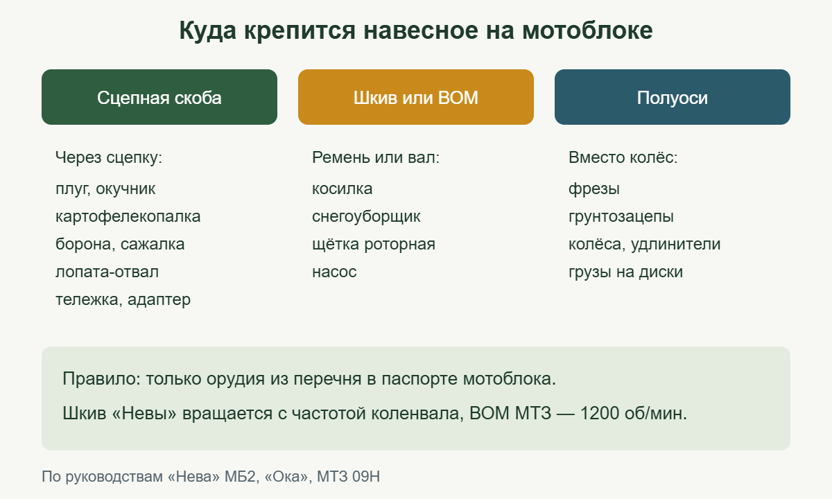 Схема крепления навесного оборудования на мотоблоке: сцепная скоба, шкив или ВОМ, полуоси