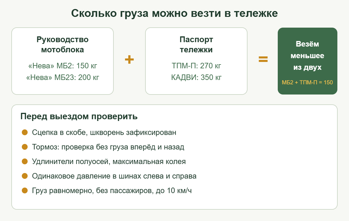 Схема: допустимый груз в тележке мотоблока — меньшее из значений руководства мотоблока и паспорта тележки, чек-лист перед выездом