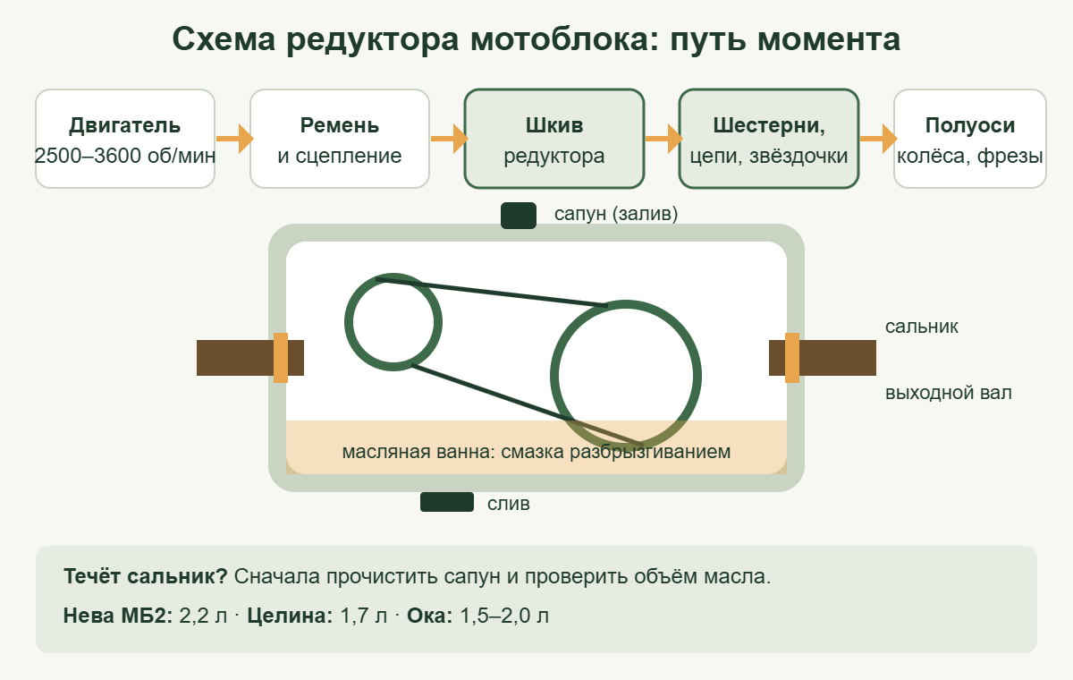 Схема редуктора мотоблока: двигатель, ремень, шкив, шестерни и цепи, сапун, сальники, выходной вал