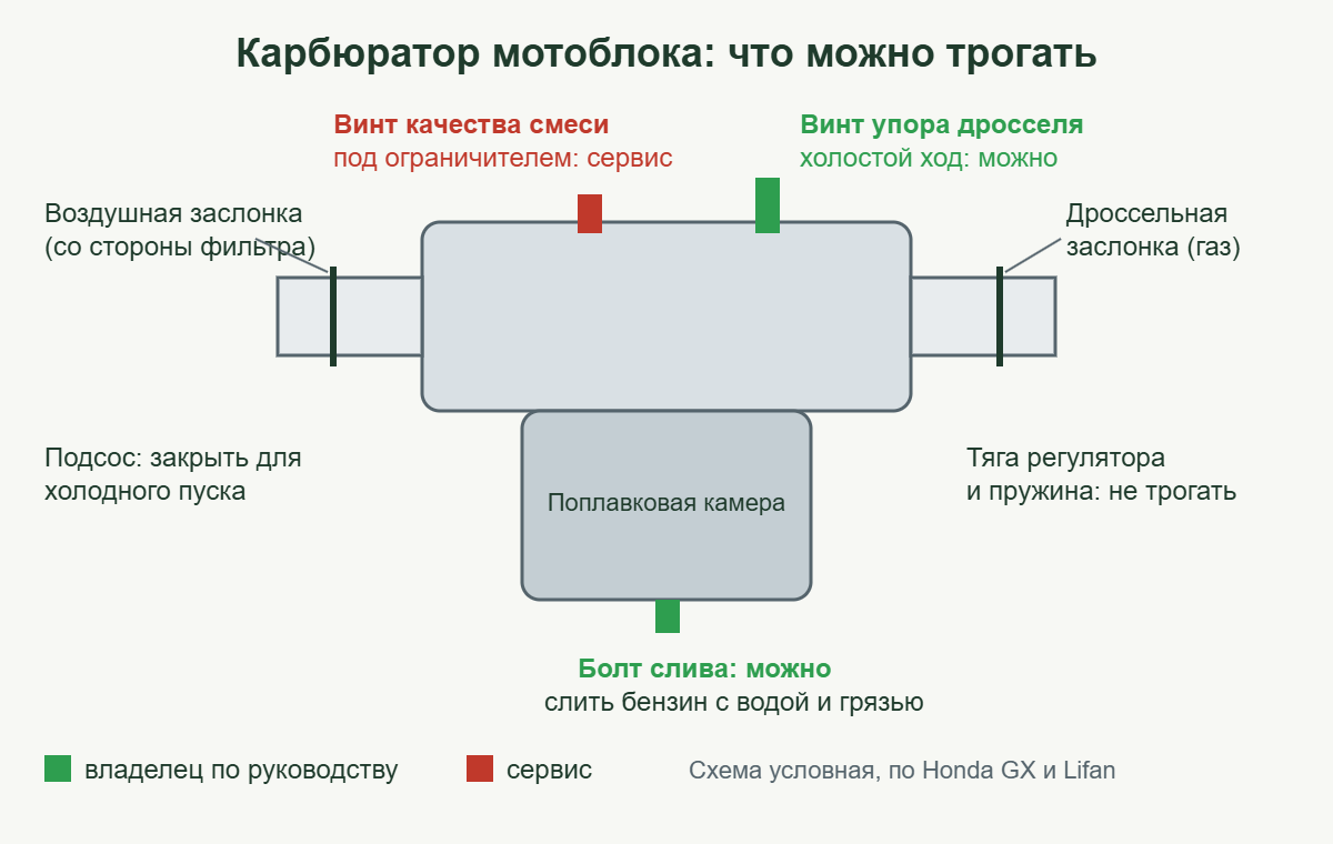 Схема карбюратора мотоблока: винт упора дросселя, винт качества смеси, заслонки и болт слива