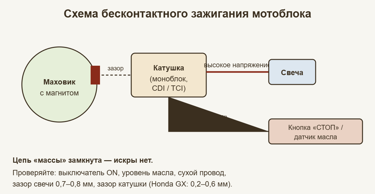 Схема бесконтактного зажигания мотоблока: маховик, катушка, свеча, кнопка СТОП и датчик масла