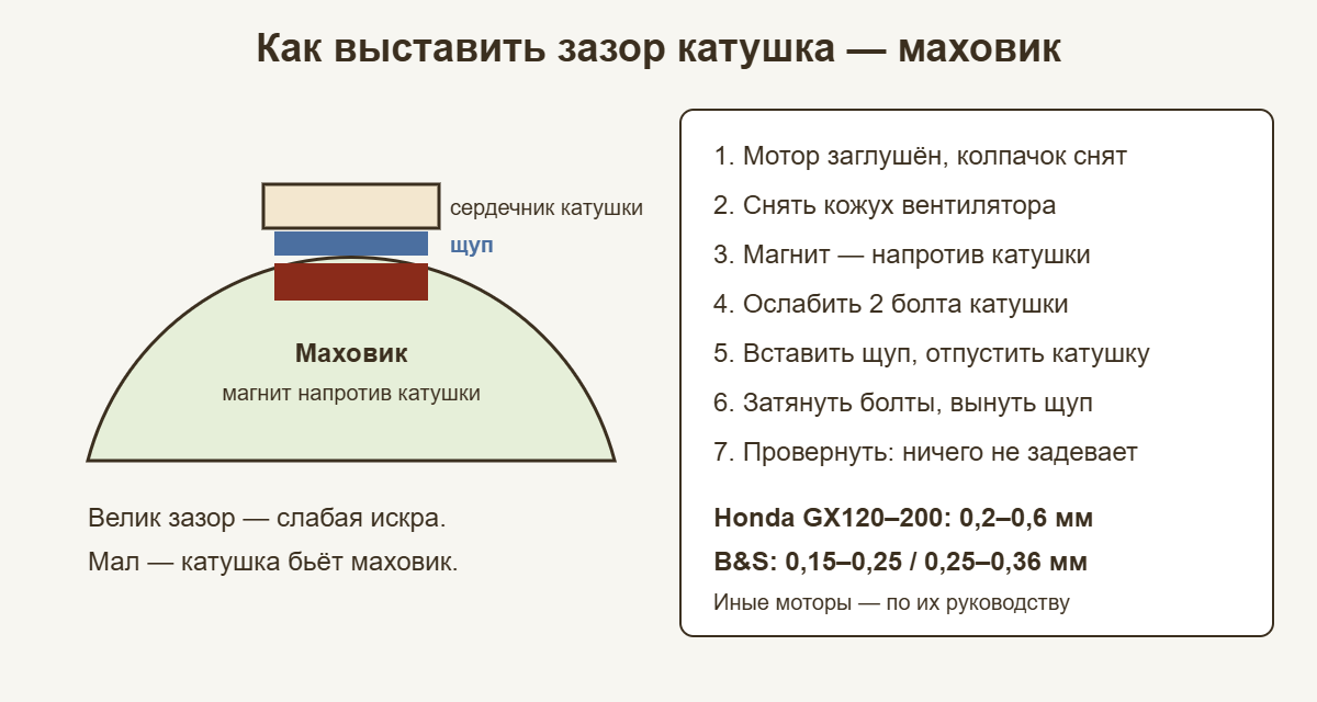 Как выставить зазор между катушкой зажигания и маховиком мотоблока щупом